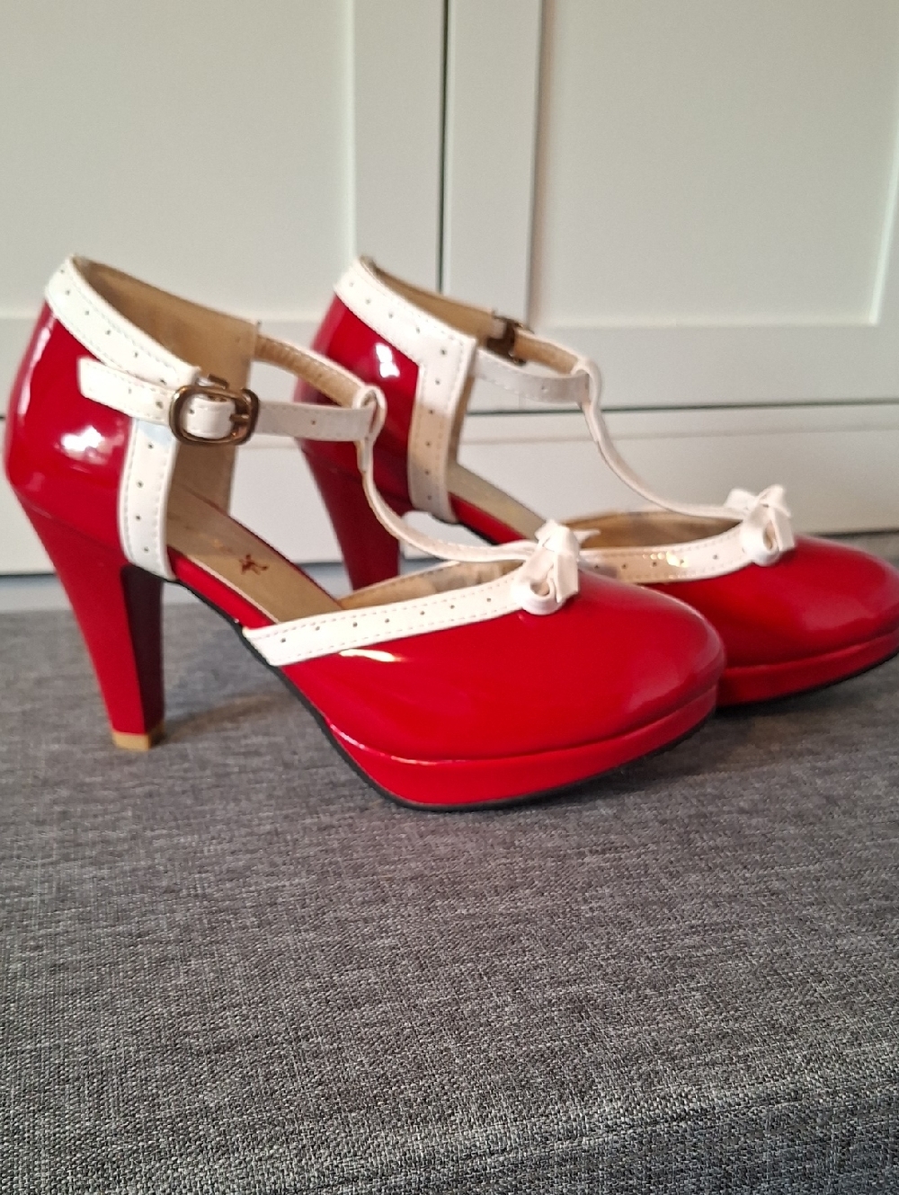 Pixie Cove Red and White Patten‎ T-Strap Platform Heels